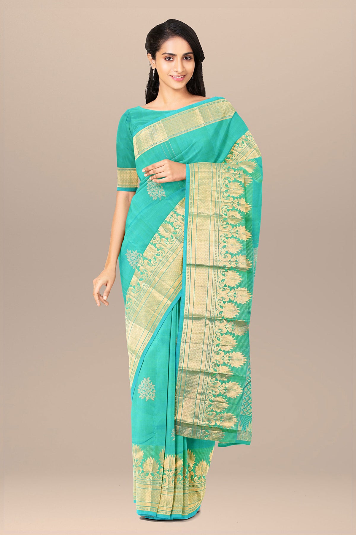 Copper Zari Floral Border In Plain Sea Green Kanchipuram Silk Saree