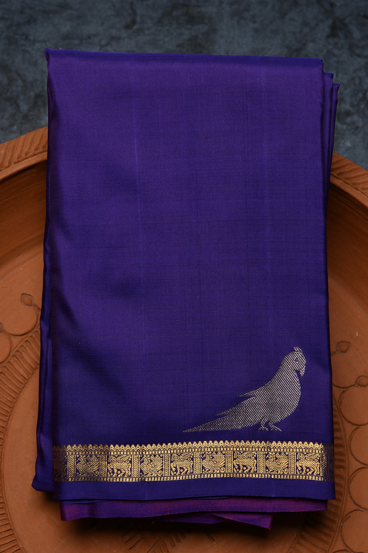 Animal Design Small Zari Border With Silver Zari Parrot Motif Navy Blue Kanchipuram Silk Saree