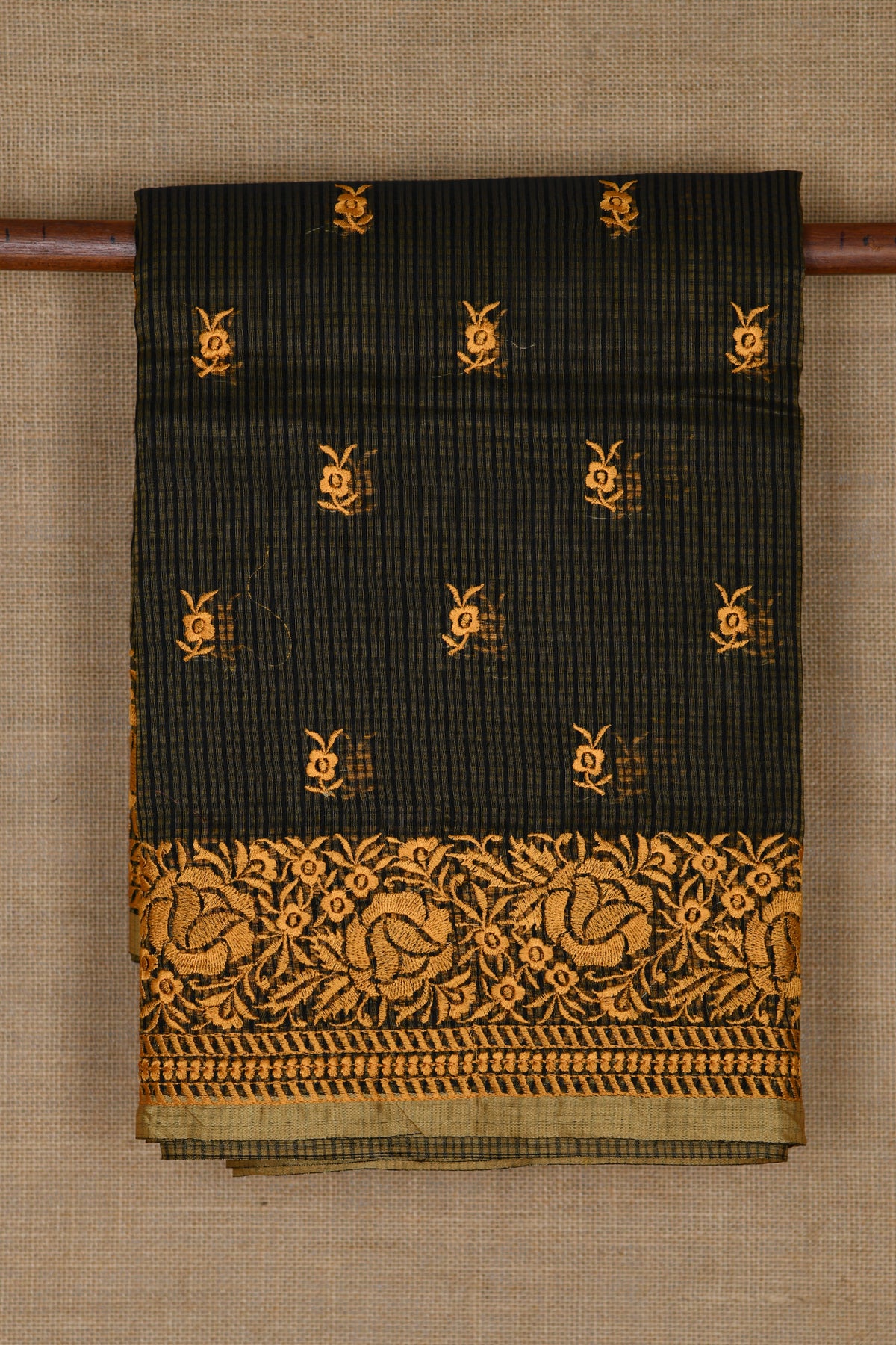 Embroidered Floral Border With Buttis Black Semi Banaras Silk Saree