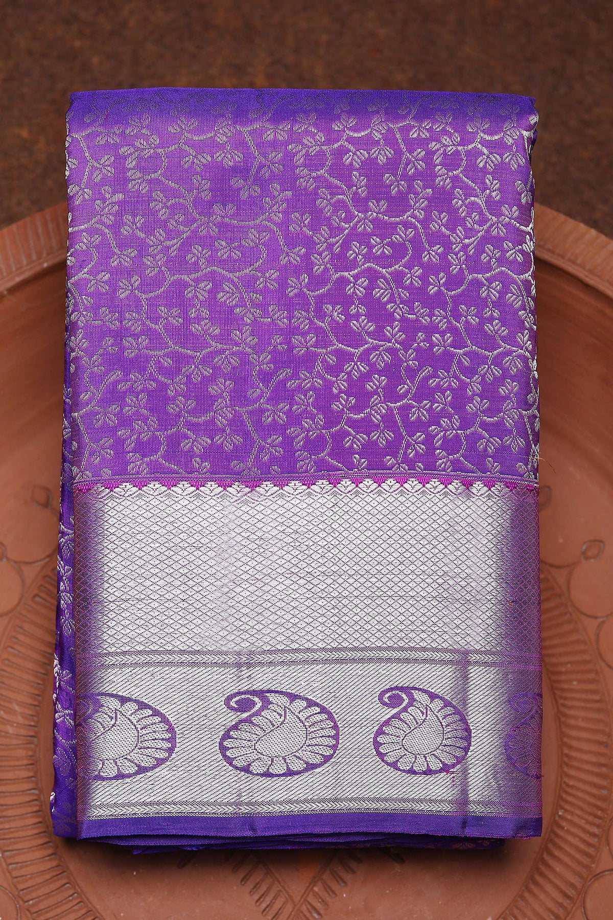 Silver Zari Paisley Border In Brocade Purple Kanchipuram Silk Saree