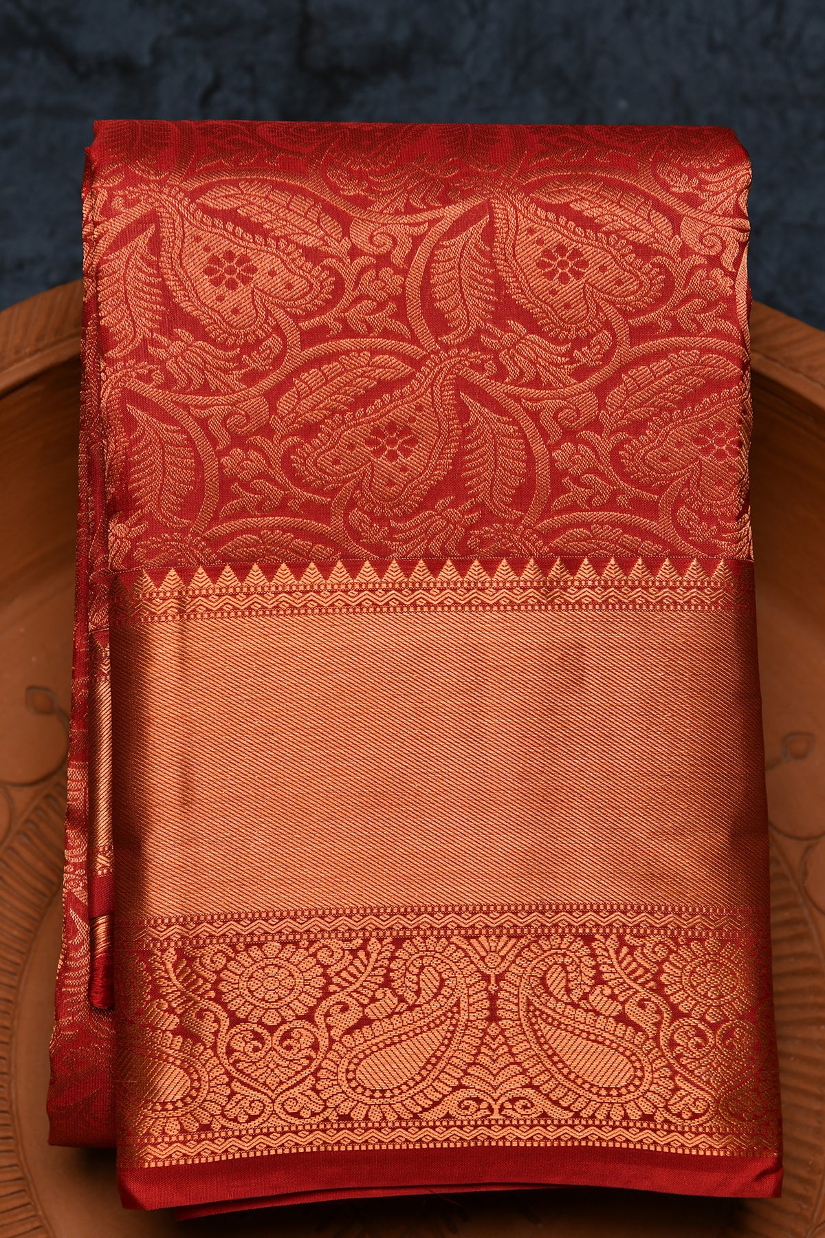 Copper Zari Big Border With Leaf Design Maroon Kanchipuram Silk Saree