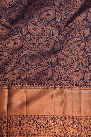 Copper Zari Big Border With Leaf Design Deep Navy Blue Kanchipuram Silk Saree