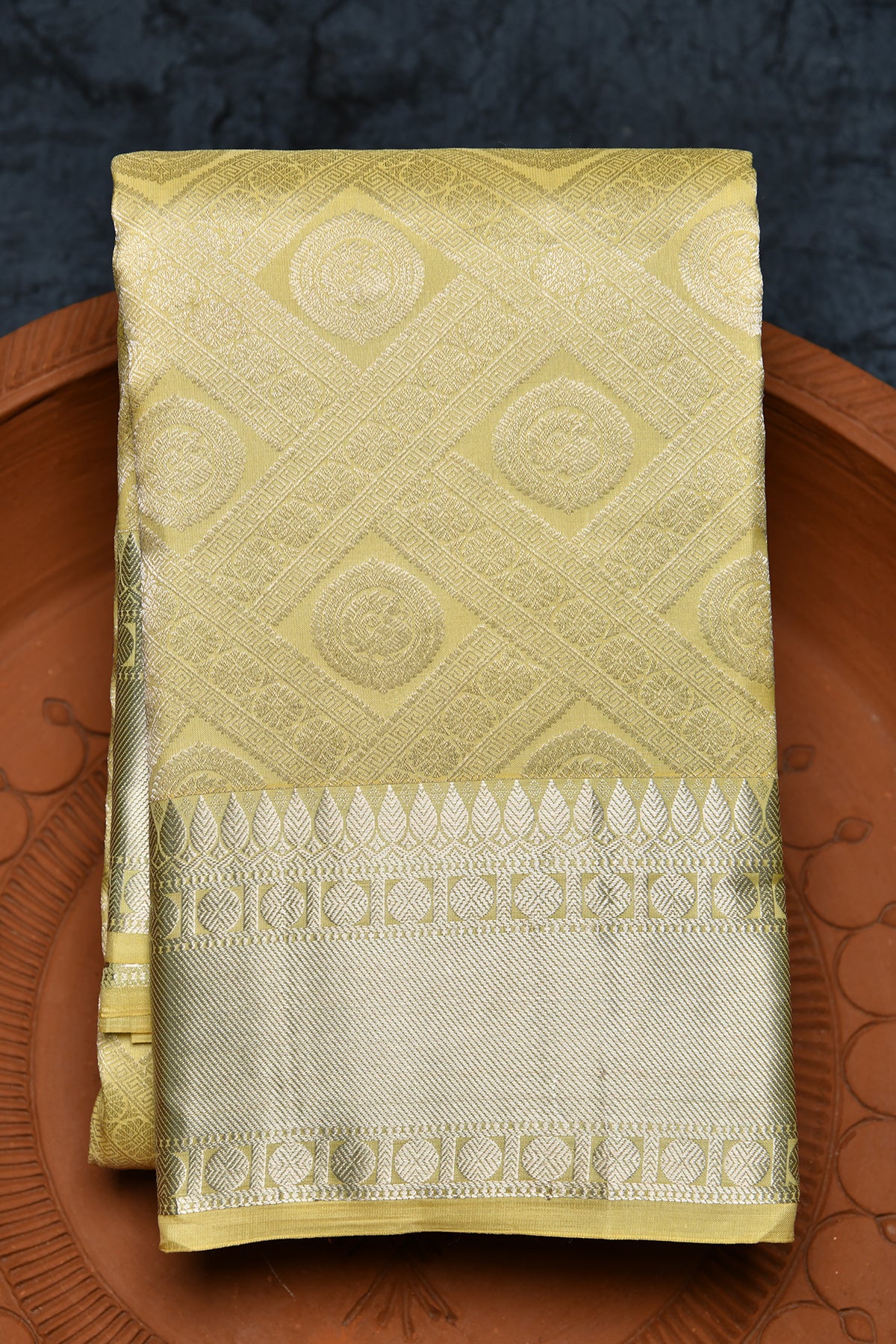 Rudraksh Zari Border With Geometric Pattern And Butta Soft Yellow Kanchipuram Silk Saree