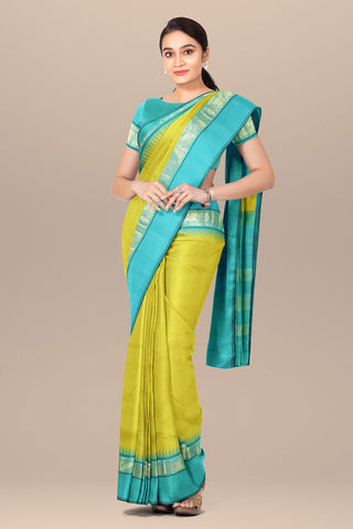 Contrast Border In Checks Yellow Kanchipuram Silk Saree