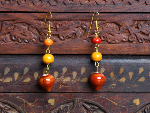 Maroon And Yellow Wooden Hook Earrings