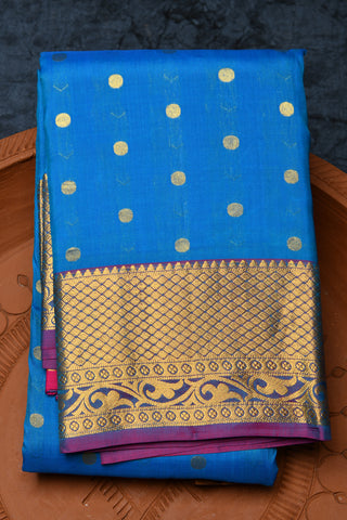 Diamond Border With Rudraksh Buttis Peacock Blue Kanchipuram Silk Saree