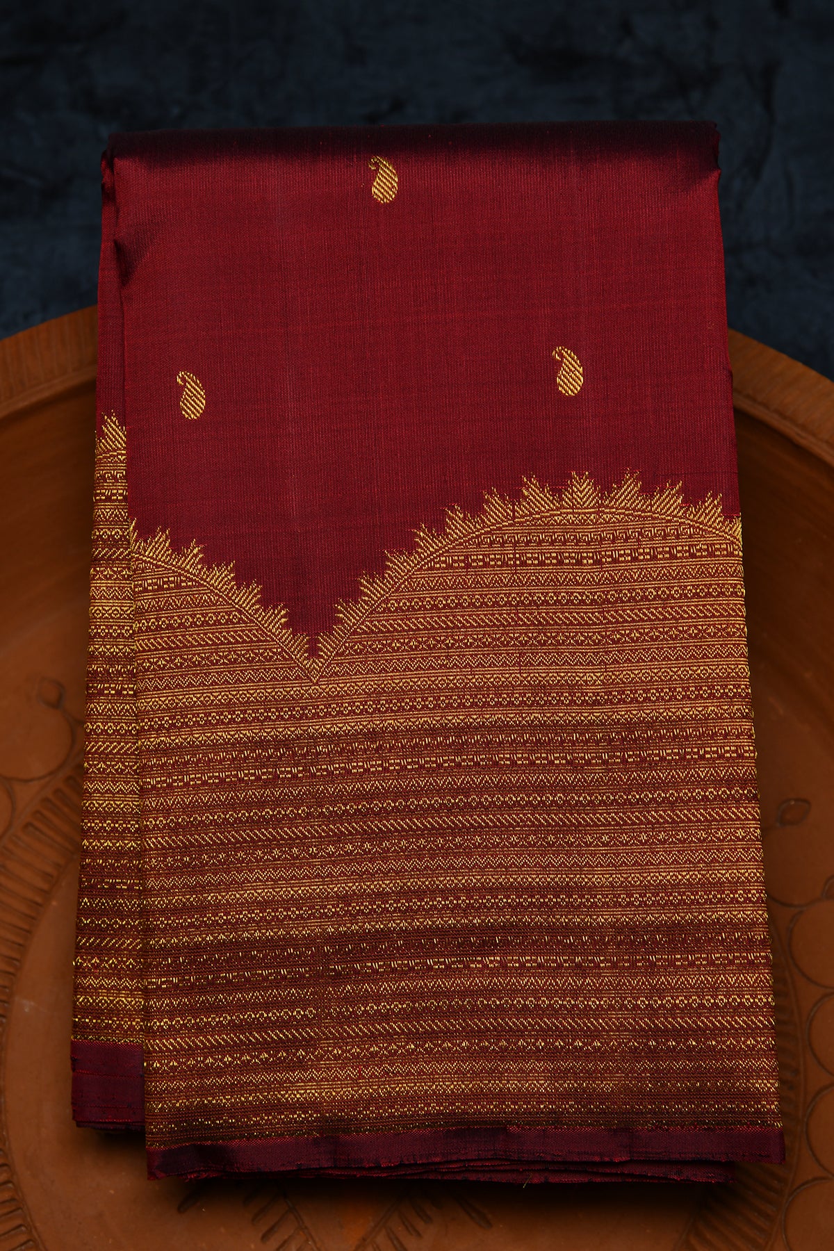 Half Circle Turning Big Border With Paisley Buttis Burgundy Maroon Kanchipuram Silk Saree