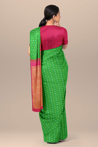 Gold And Silver Zari Small Mayil Chakram Buttis Parrot Green Kanchipuram Silk Saree