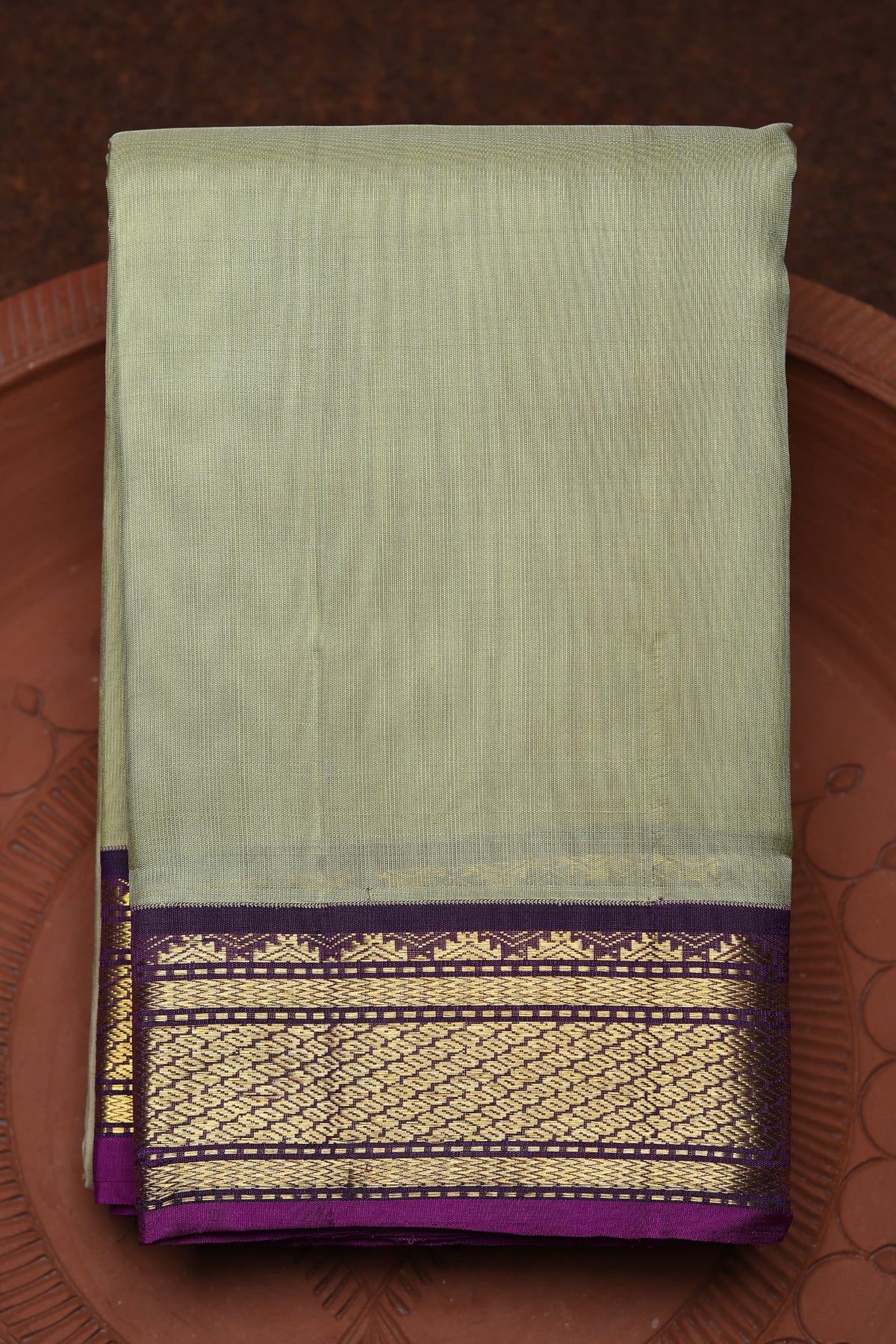 Contrast Korvai Zari Border In Plain Sage Green Kanchipuram Silk Saree