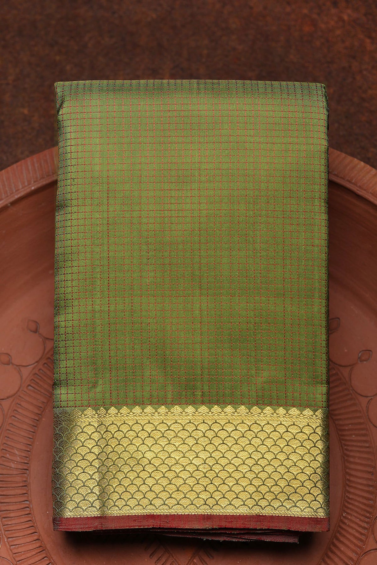 Honey Comb Zari Border With Thread Work Small Checks Olive Green Kanchipuram Silk Saree