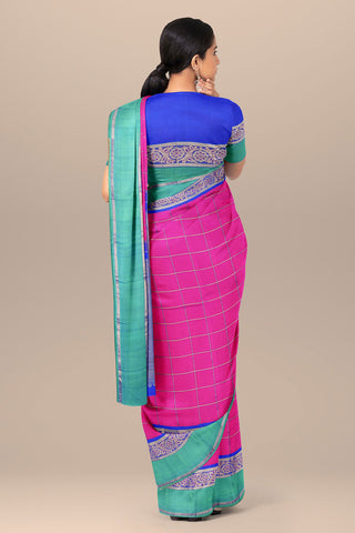 Meenakari Work Korvai Border In Checks Magenta Pink Kanchipuram Silk Saree