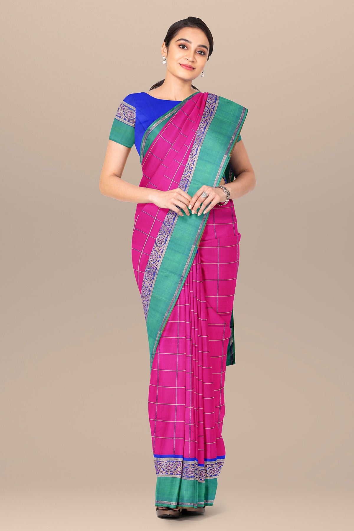 Meenakari Work Korvai Border In Checks Magenta Pink Kanchipuram Silk Saree