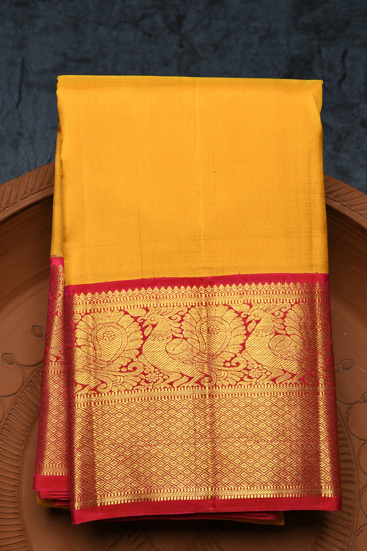 Contrast Big Border In Plain Mango Yellow Kanchipuram Silk Saree