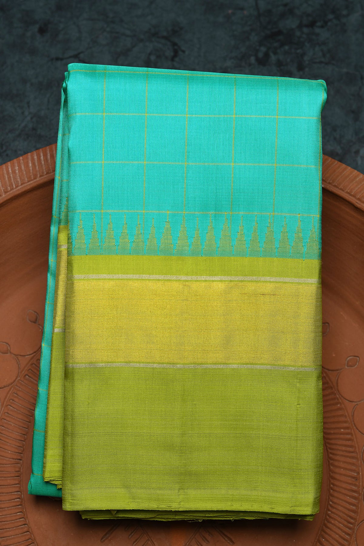 Contrast Zari Border With Checks Turquoise Green Kanchipuram Silk Saree