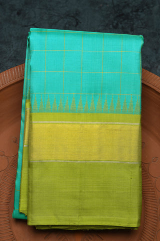 Contrast Zari Border With Checks Turquoise Green Kanchipuram Silk Saree