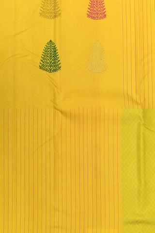 Stripes And Thread Work Tree Buttas Melon Yellow Kanchipuram Silk Saree