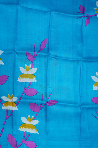 Floral Design Azure Blue Printed Silk Saree