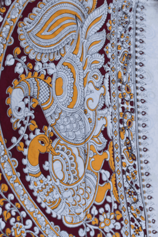 Allover Floral Design Dark Maroon Kalamkari Cotton Saree