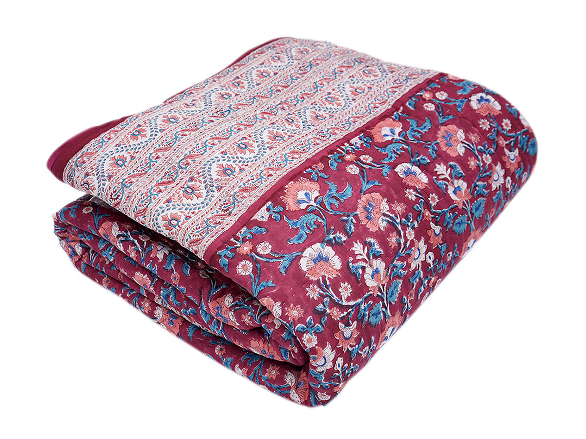 Allover Floral Printed Burgundy Cotton Double Quilt