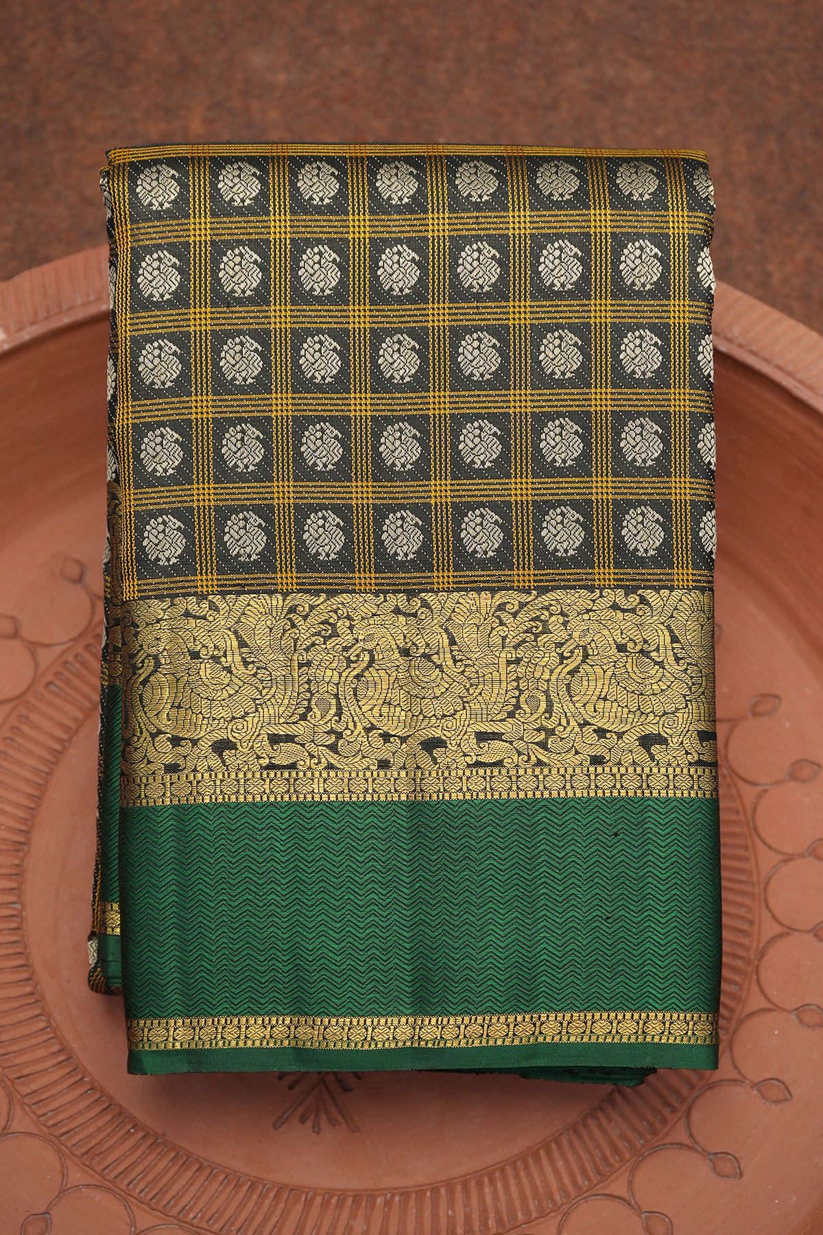 Allover Peacock Threadwork Motifs Black Kanchipuram Silk Saree
