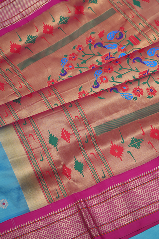 Floral Zari Motifs Cerulean Blue Paithani Silk Saree