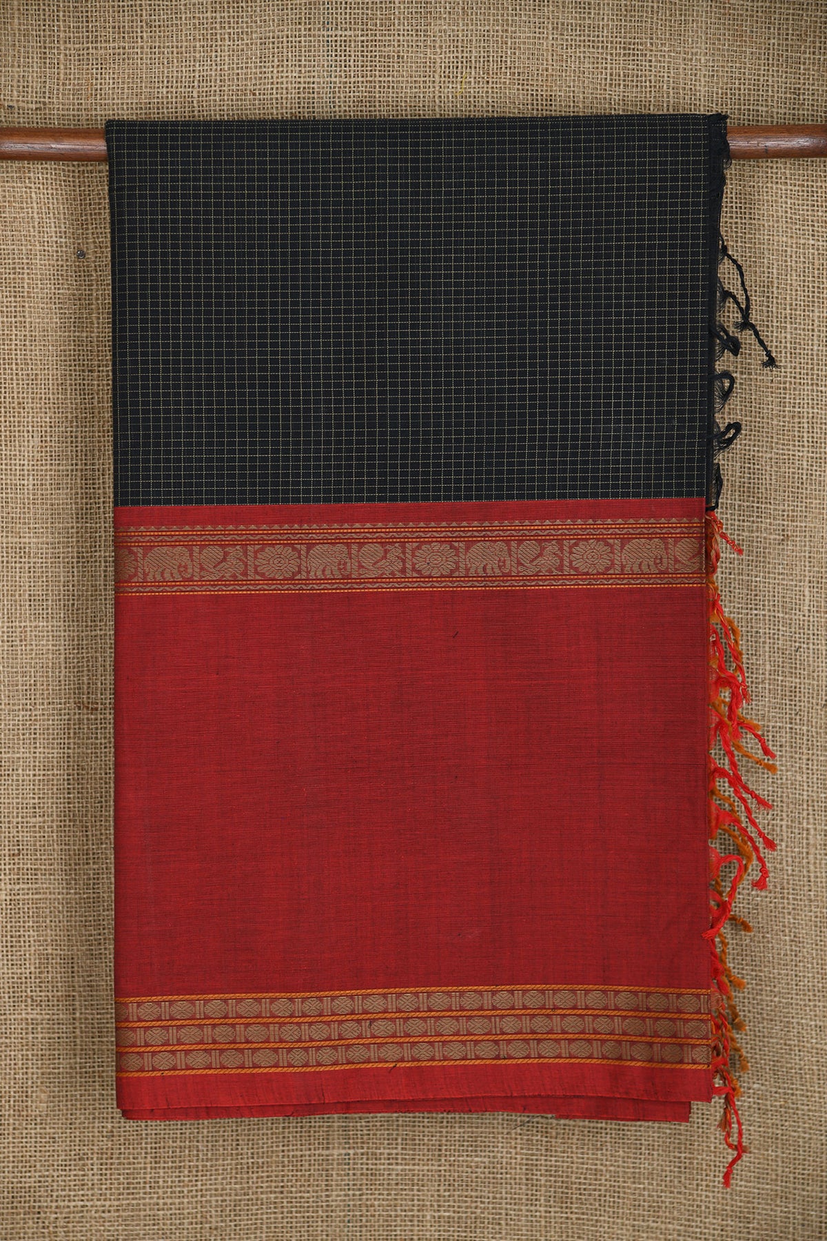 Big Ganga Jamuna Border With Small Checks Black Coimbatore Cotton Saree