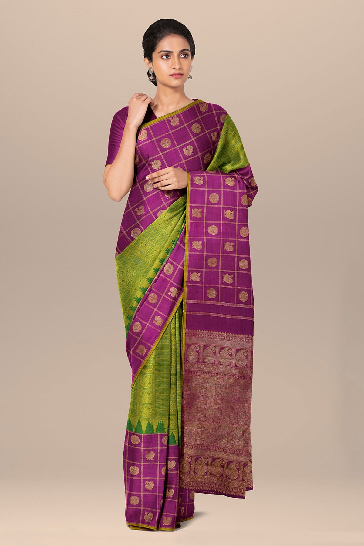 Gold zari jacquard silksaree, zari border of thilakam mokku,kathir, floral  & mayil & pallu of poun,mayil & jaal design