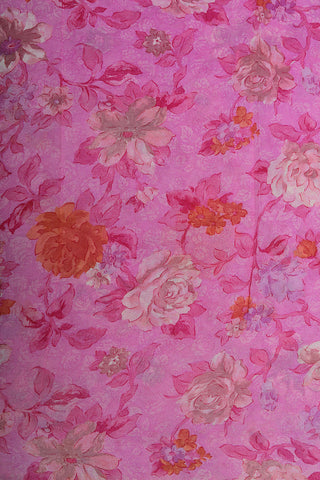 Botanical Digital Printed Rose Pink Chiffon Saree