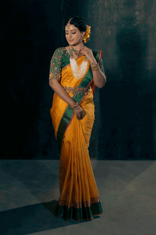 Mango yellow silksaree with Blue Blouse | Wedding saree indian, Wedding saree  blouse designs, Indian bridal outfits