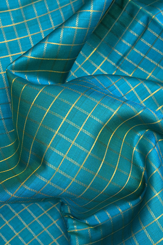 Checks Design Teal Blue Kanchipuram Nine Yards Silk Saree