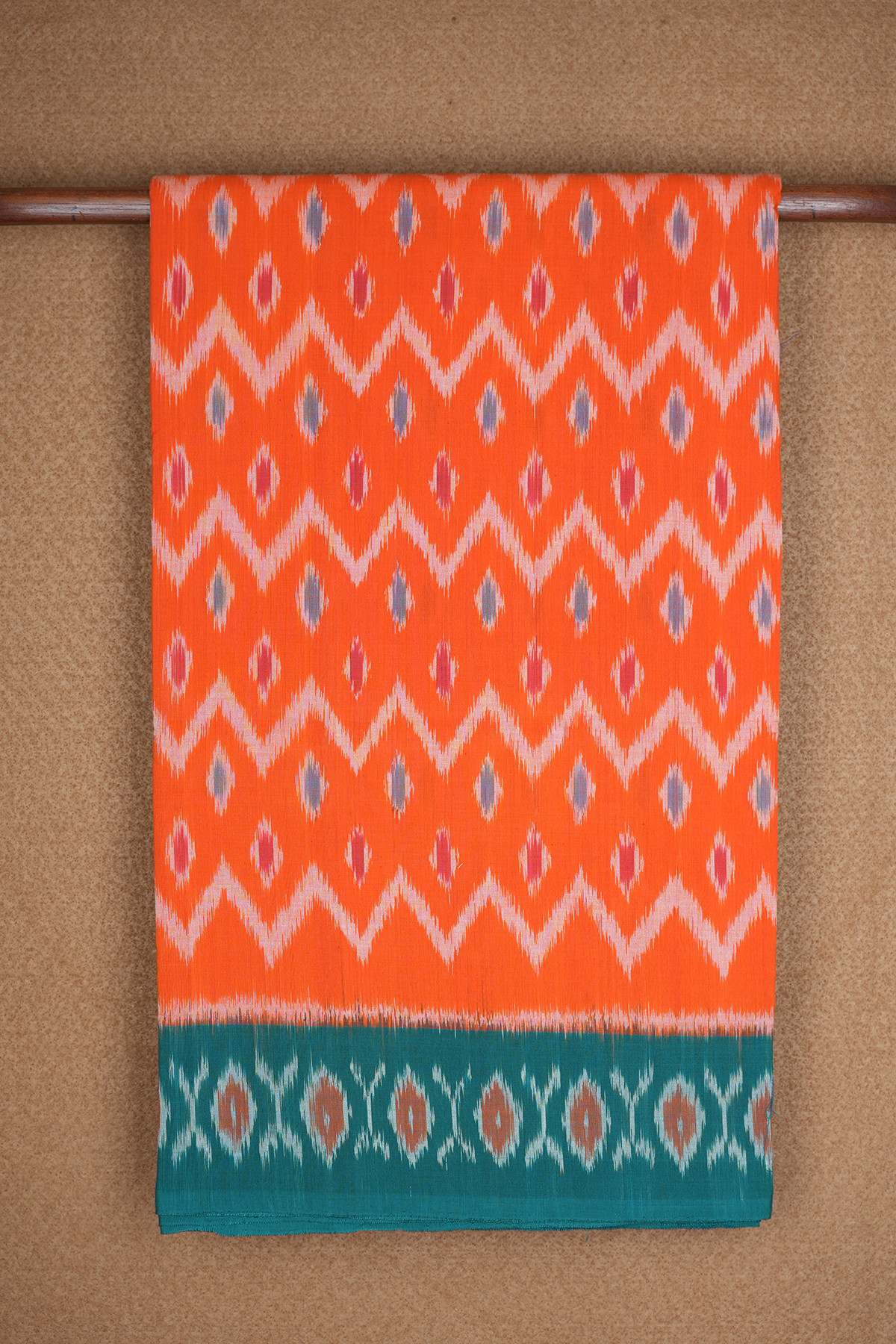 Chevron Design Bright Orange Pochampally Cotton Saree