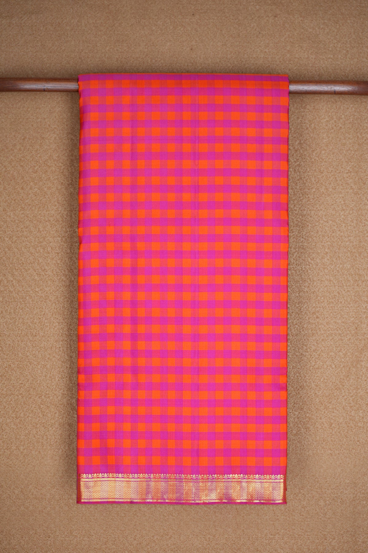 Magenta And Orange Checks Kanchipuram Nine Yards Silk Saree