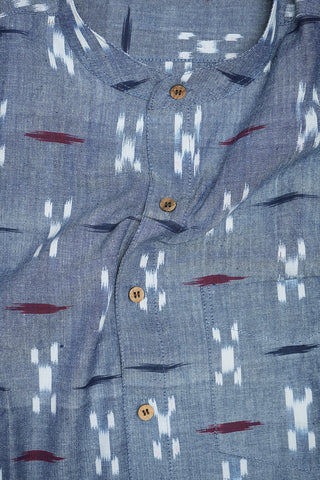 Chinese Collar Steel Blue Ikat Cotton Shirt