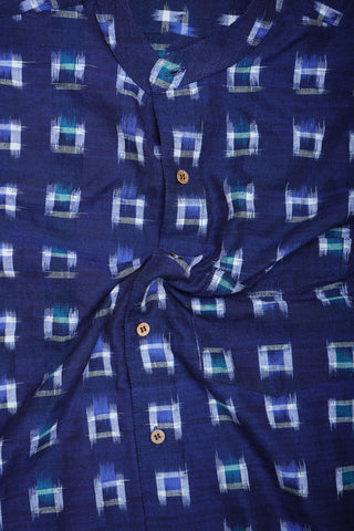 Chinese Collar Navy Blue Ikat Cotton Shirt