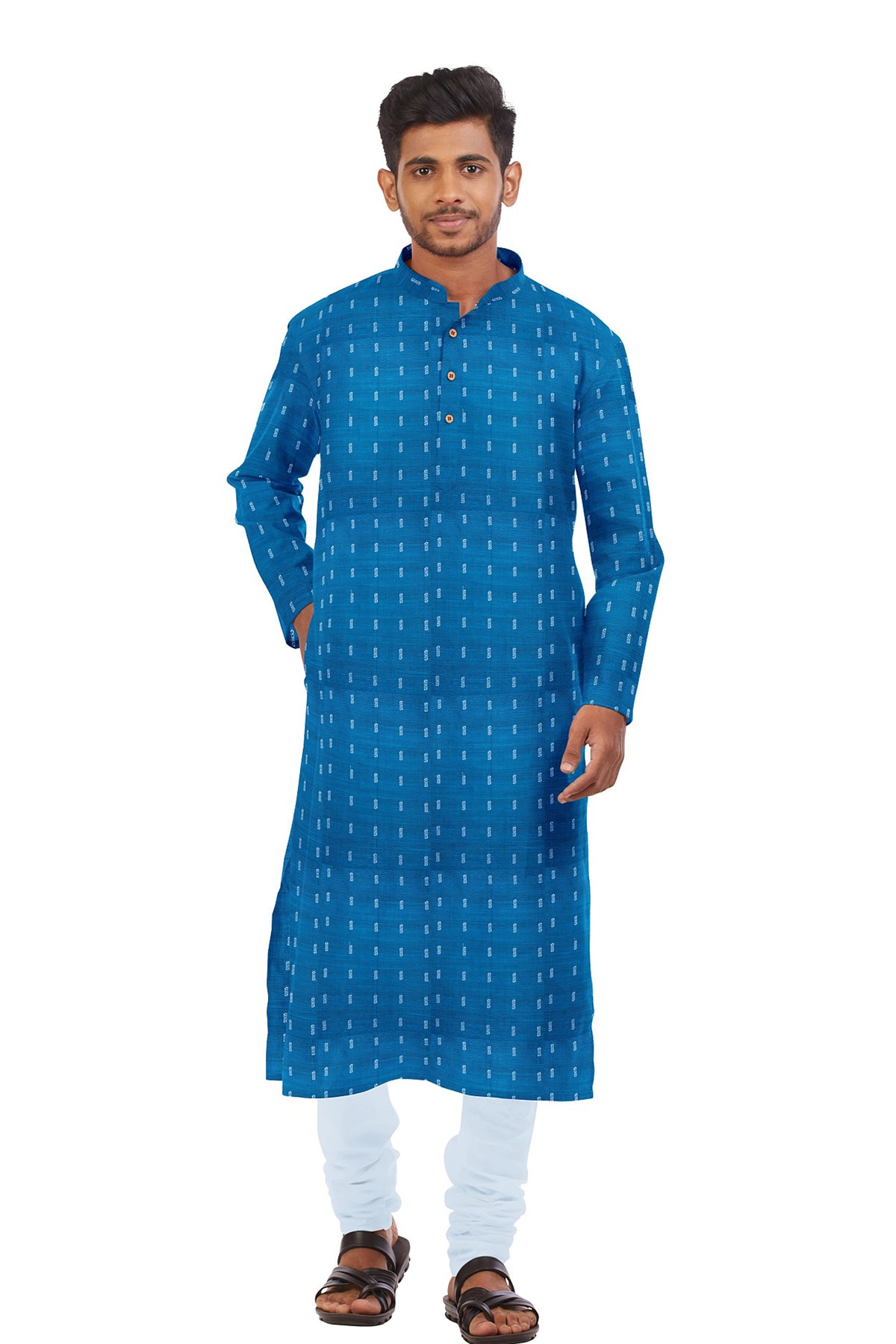 Chinese Collar Azure Blue Raw Silk Long Kurta