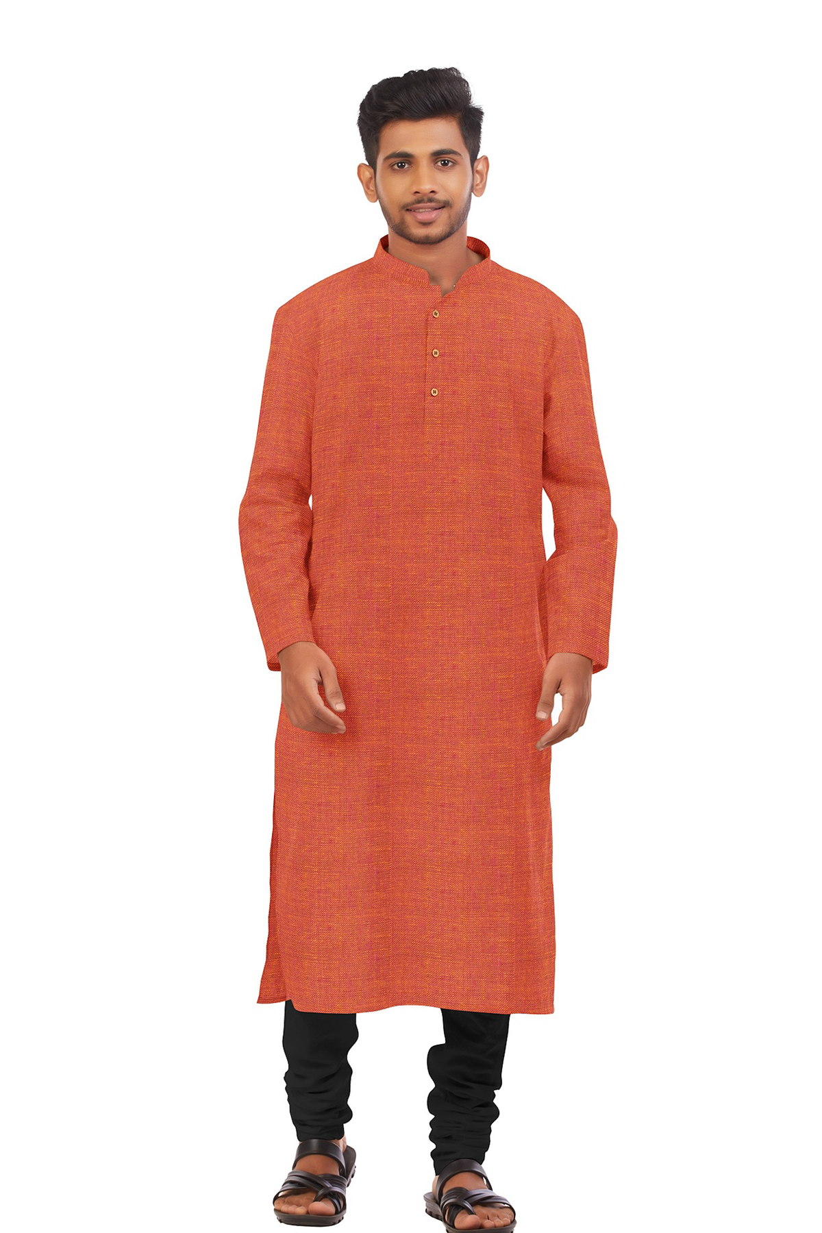 Chinese Collar Reddish Orange Cotton Long Kurta