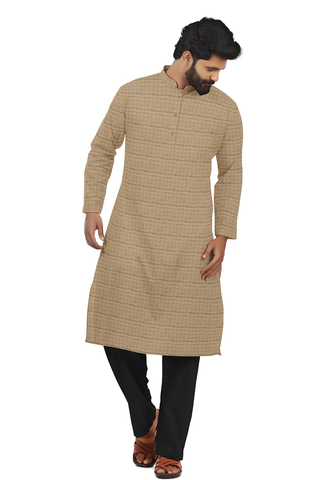 Chinese Collar Self Checks Coffee Cream Cotton Long Kurta