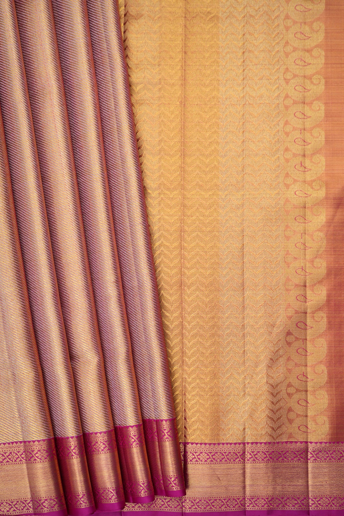 Contrast Border With Allover Twill Weave Zari Design Rose Gold Kanchipuram Silk Saree