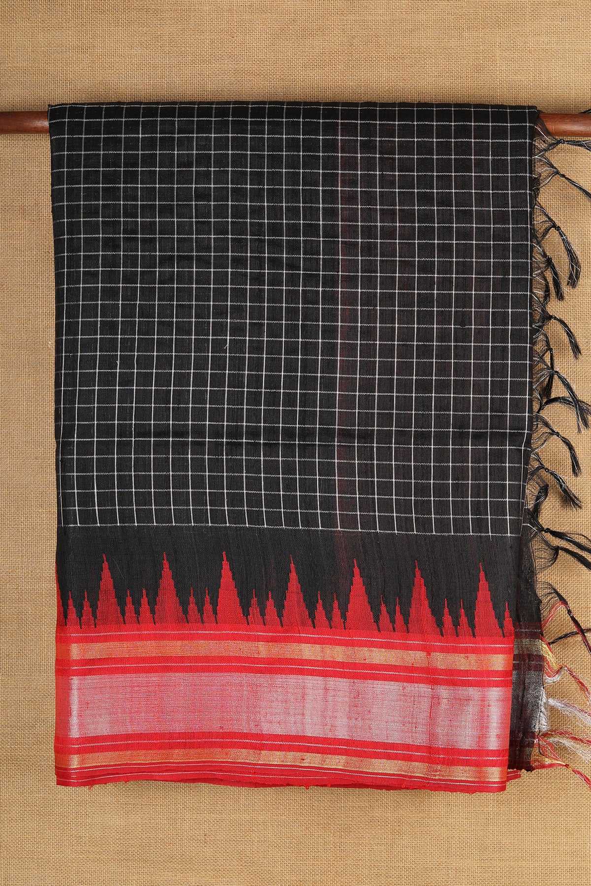 Contrast Border With Checks Black Jute Silk Saree