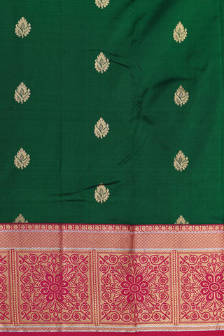 Contrast Floral Zari Border In Buttas Forest Green Kanchipuram Silk Saree