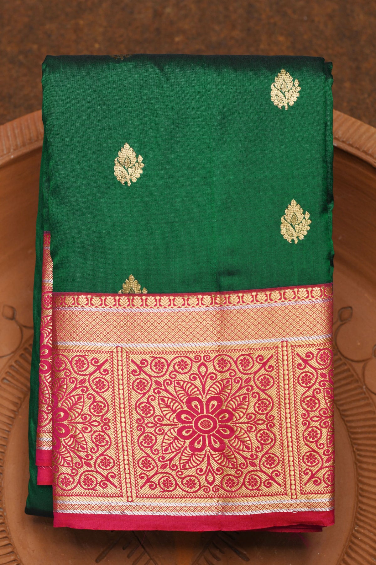 Contrast Floral Zari Border In Buttas Forest Green Kanchipuram Silk Saree