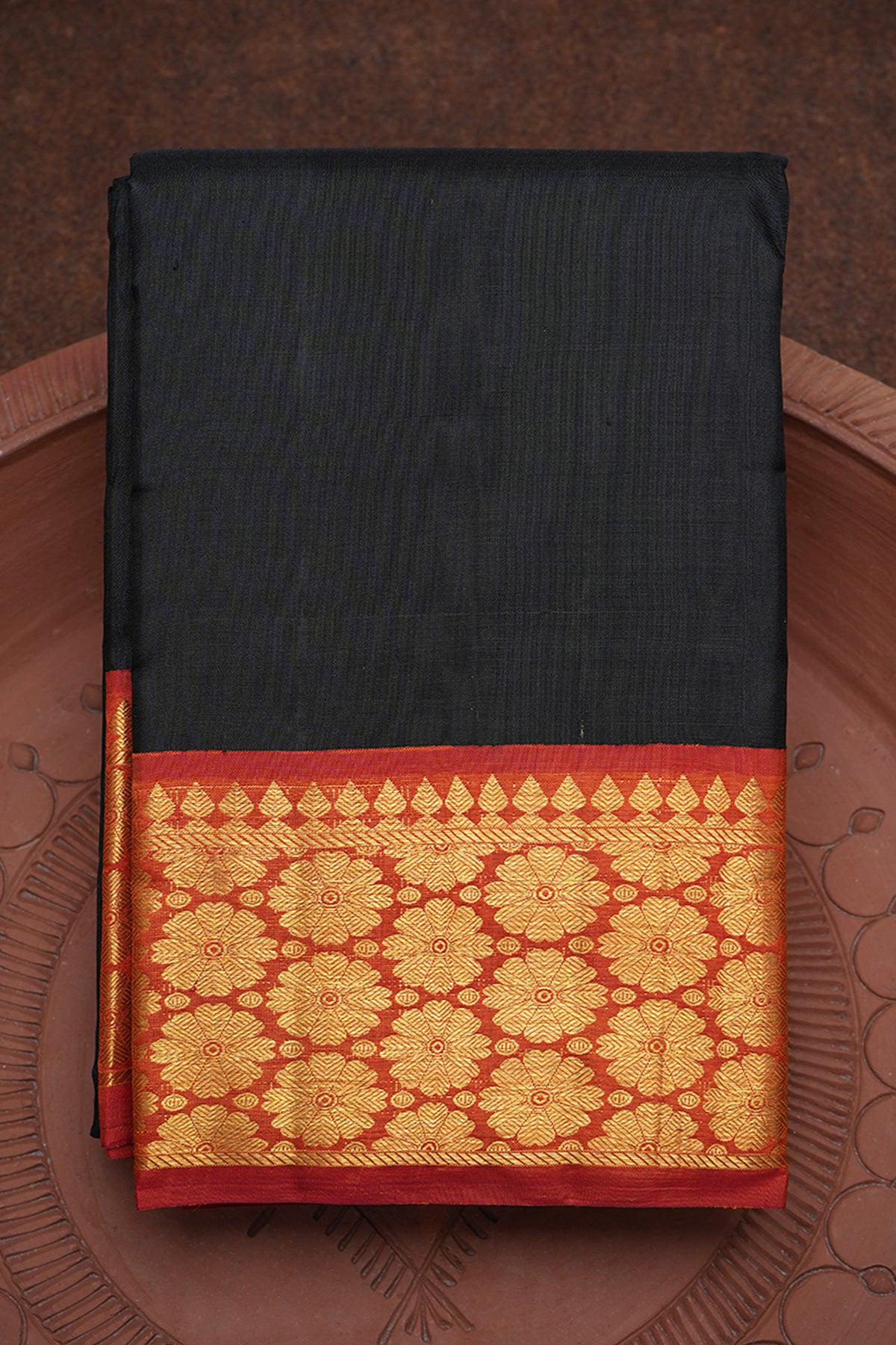 Contrast Floral Zari Border Plain Black Kanchipuram Silk Saree