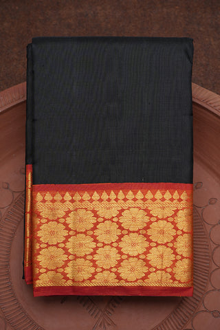 Contrast Floral Zari Border Plain Black Kanchipuram Silk Saree