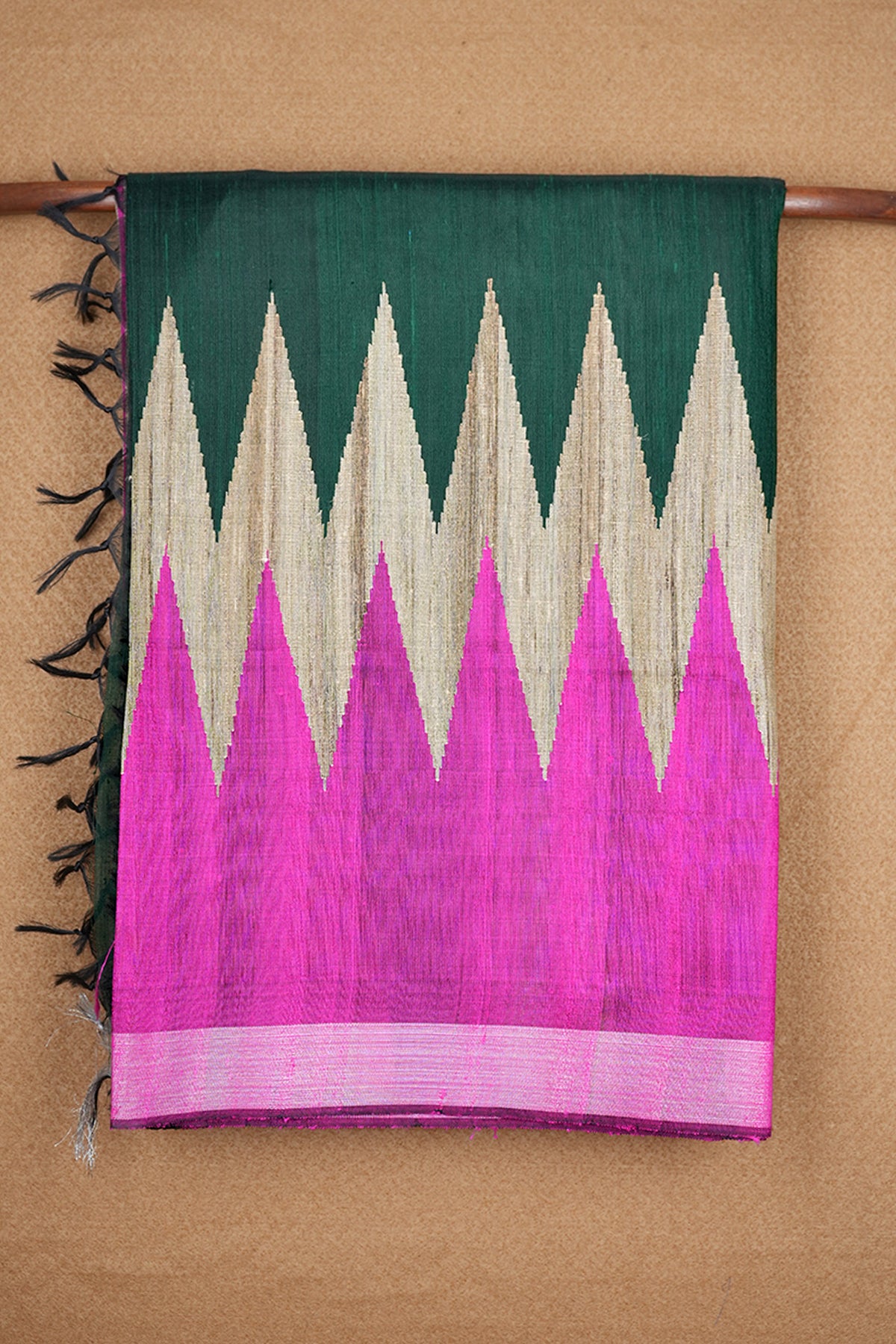 Contrast Silver Zari Border Plain Forest Green Jute Silk Saree