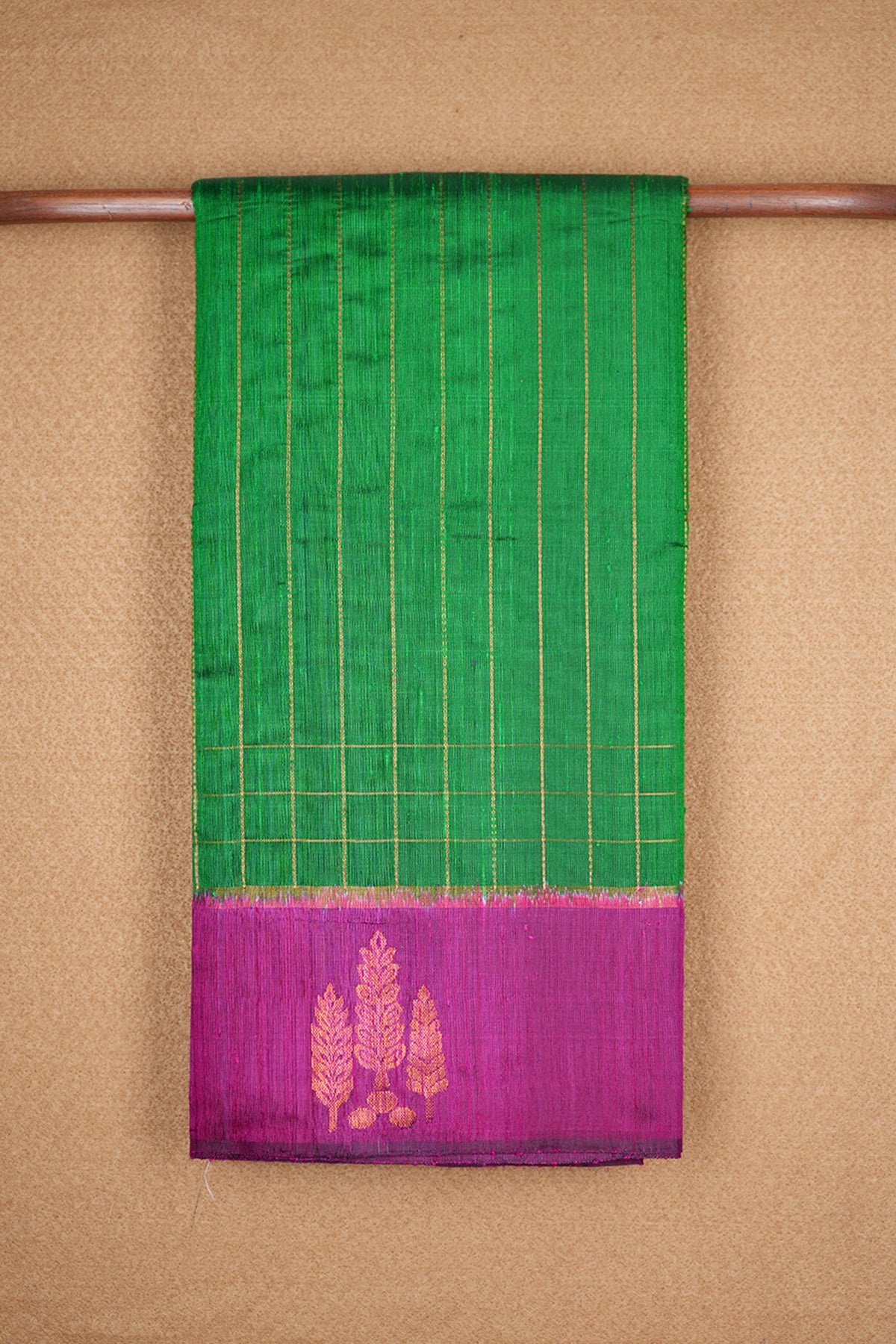 Contrast Tree Zari Border Emerald Green Jute Silk Saree