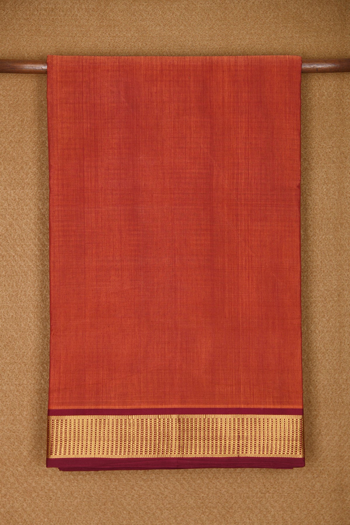 Contrast Zari Border In Plain Ochre Red Nine Yards Silk Cotton Saree