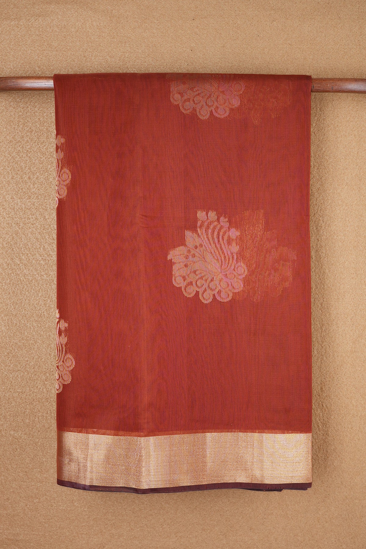 Copper And Gold Floral Zari Motifs Rust Orange Kora Silk Cotton Saree