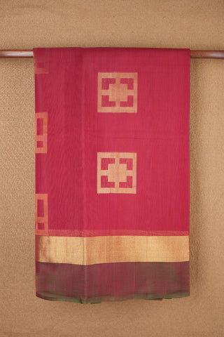 Copper And Gold Zari Square Motifs Ruby Red Kora Silk Cotton Saree