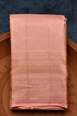 Copper Zari Big Border With Geometric Design Peach Pink Kanchipuram Silk Saree