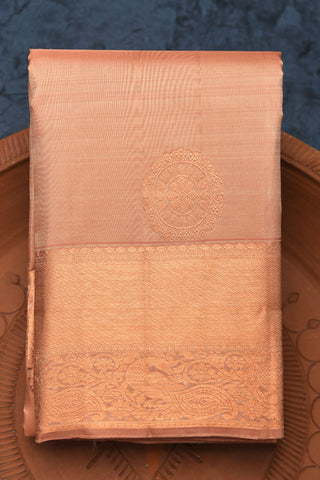 Copper Zari Peacock Border With Chakram Motif Biscuit Brown Kanchipuram Silk Saree